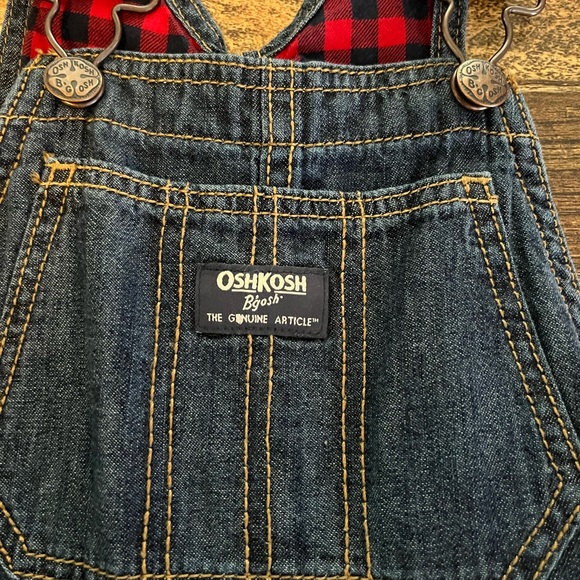 OshKosh B'gosh Blue Denim Overalls with Red Plaid Lining - Picture 3 of 4